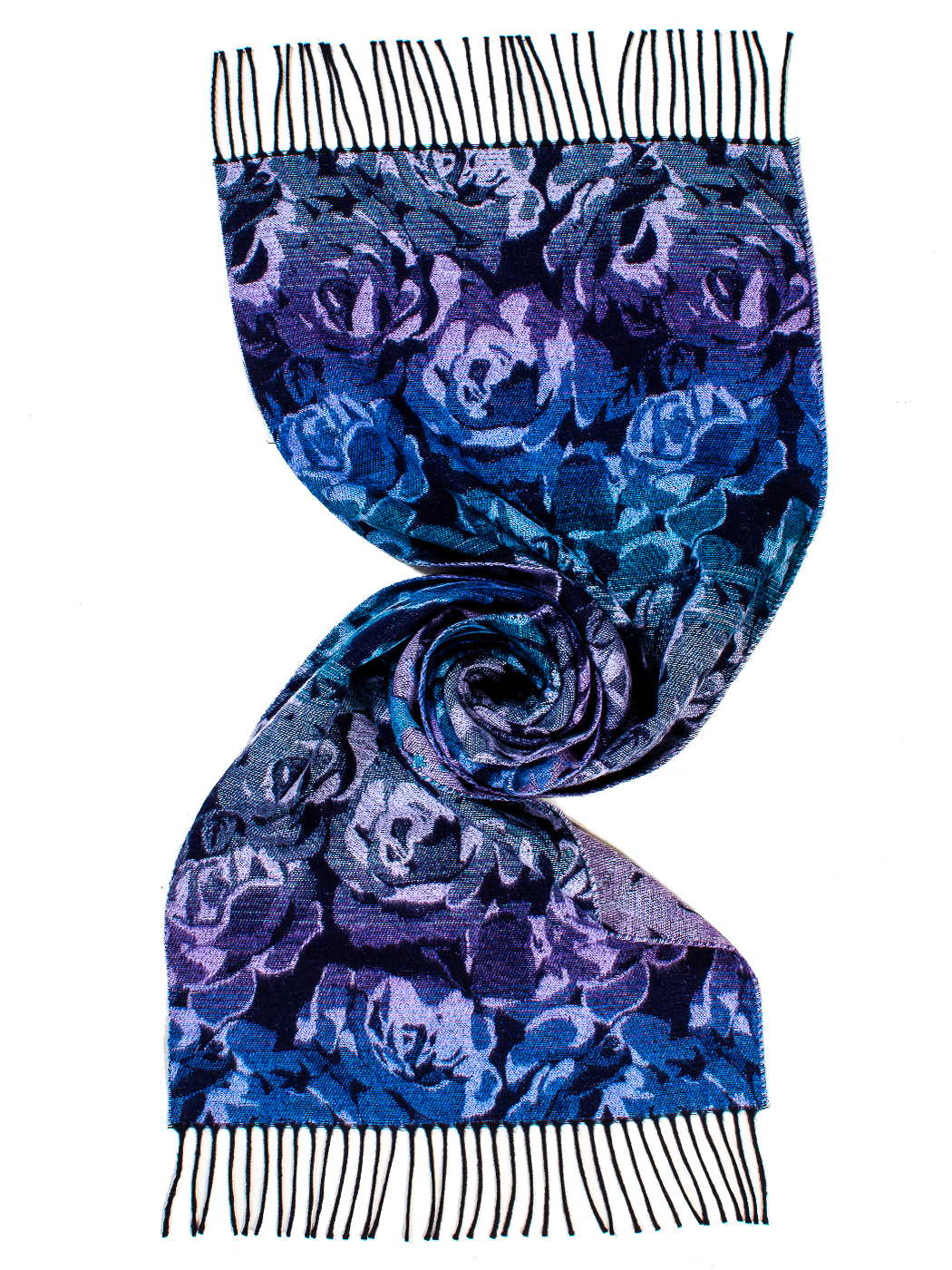 STOLA JACQAUARD FLOWER CON FRANGE 100%PC MADE IN ITALY    - PETROL
